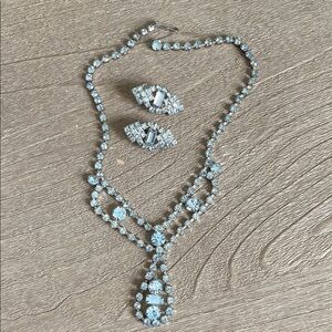 Rhinestone frosted light ice blue Crystal Necklace and Earring Set 40’s-60’s